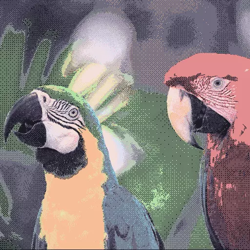 The picture of the birds but made of noisy pixels from the palette